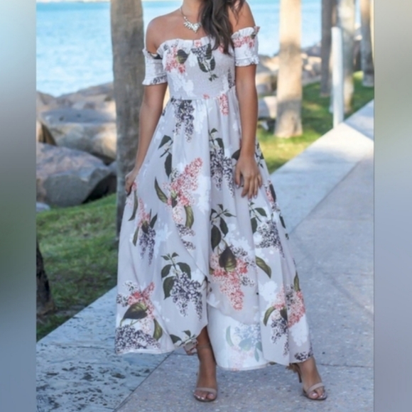 Lime Lush Dresses & Skirts - 🛑SOLD🛑 🆕️ Lime Lush Taupe Floral Off Shoulder High Low Maxi Dress SIZE: M